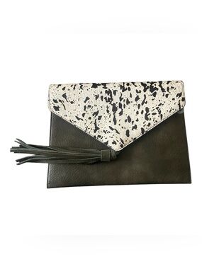 Street Level Black Envelope Clutch with Speckled Ivory Flap and Tassel